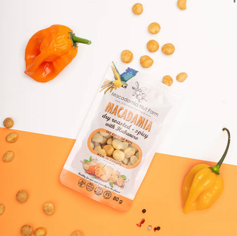 Aštrūs Habanero makadamijų riešutai, 150 g namai be gliuteno