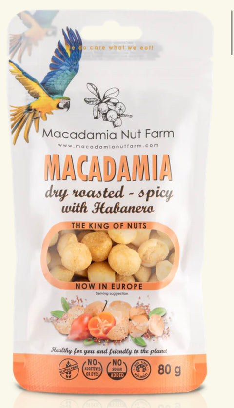 Aštrūs Habanero makadamijų riešutai, 150 g namai be gliuteno