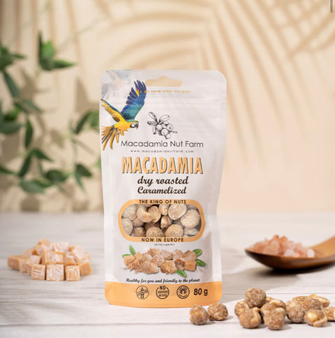 Karamelizuoti makadamijų riešutai, 150 g